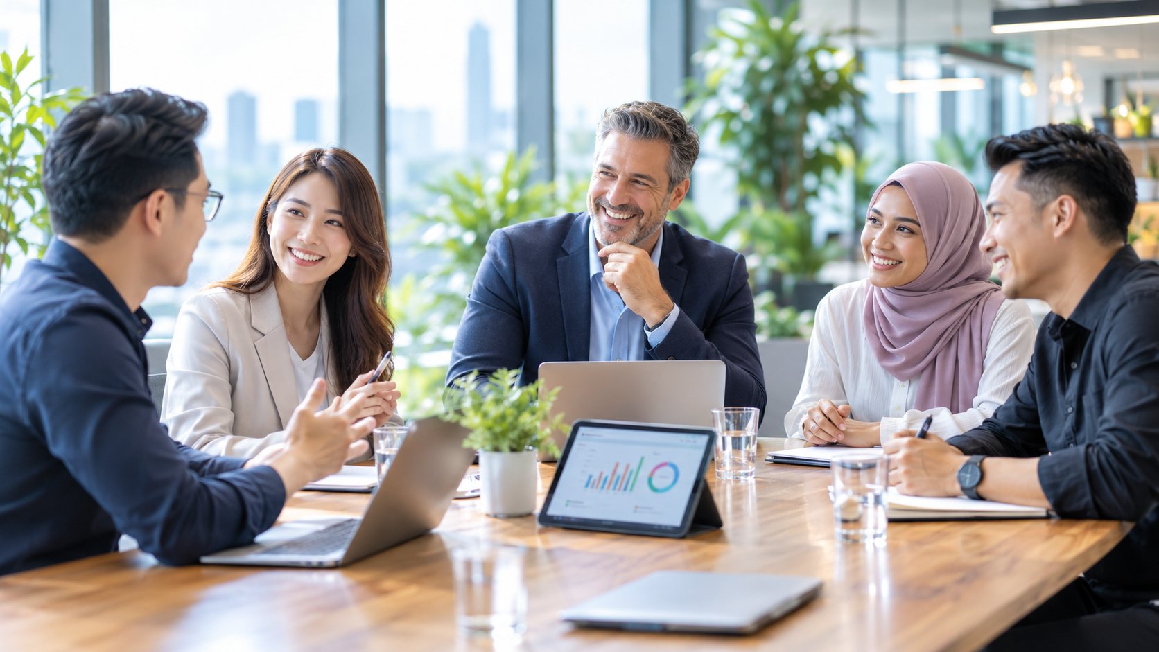 Team of colleagues discussing HR reports around a meeting table