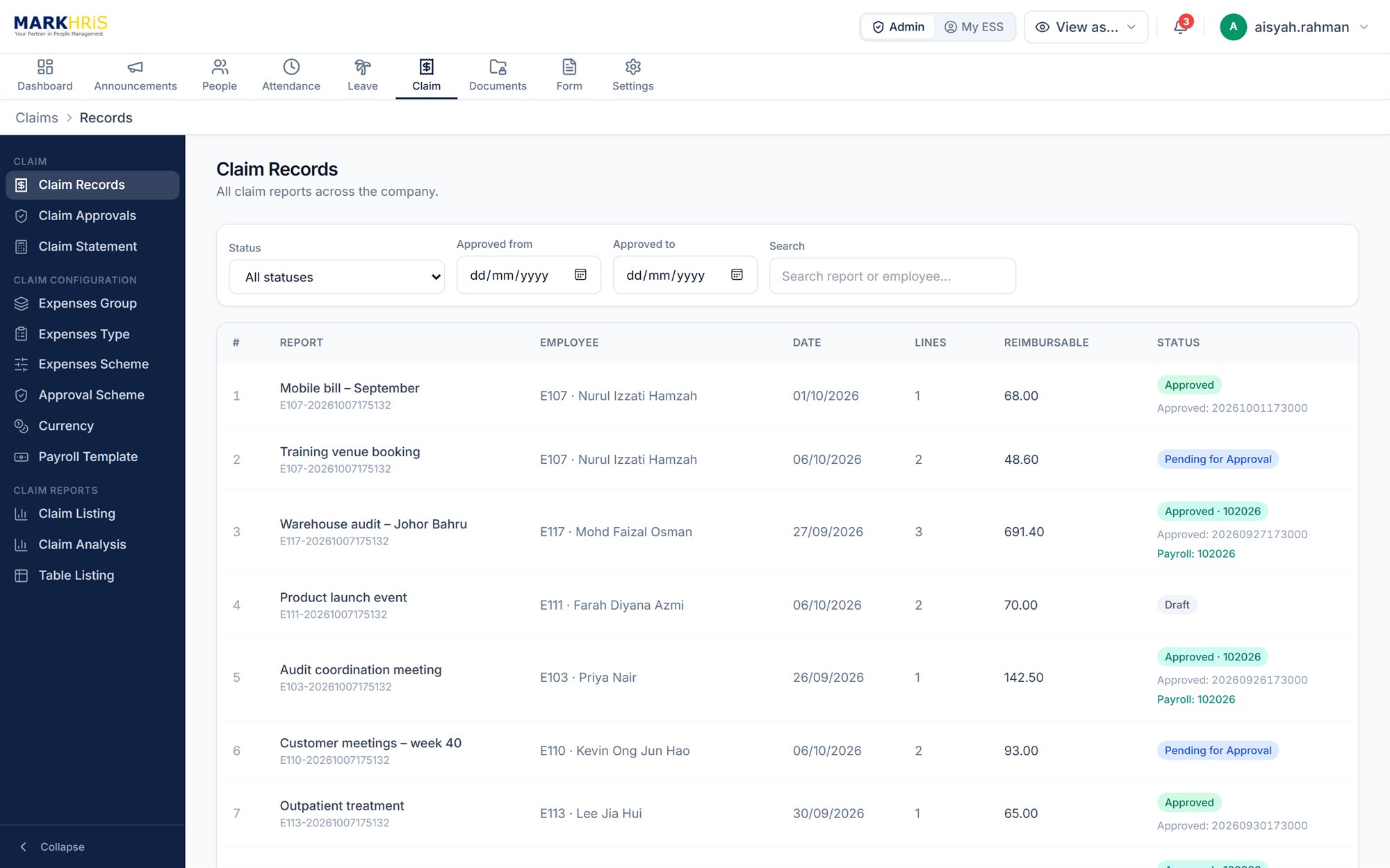 Claim Records with approval and payroll status in MARKHRiS HRMS
