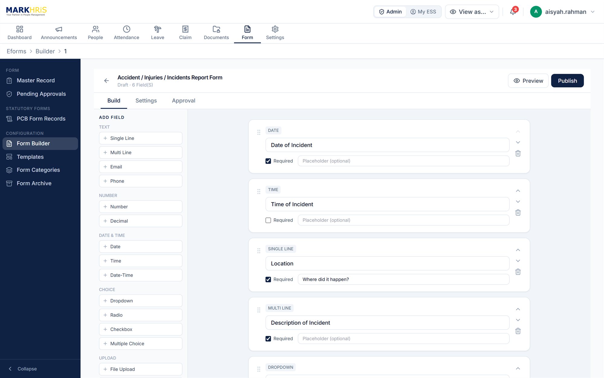eForm builder editing an incident report form in MARKHRiS HRMS