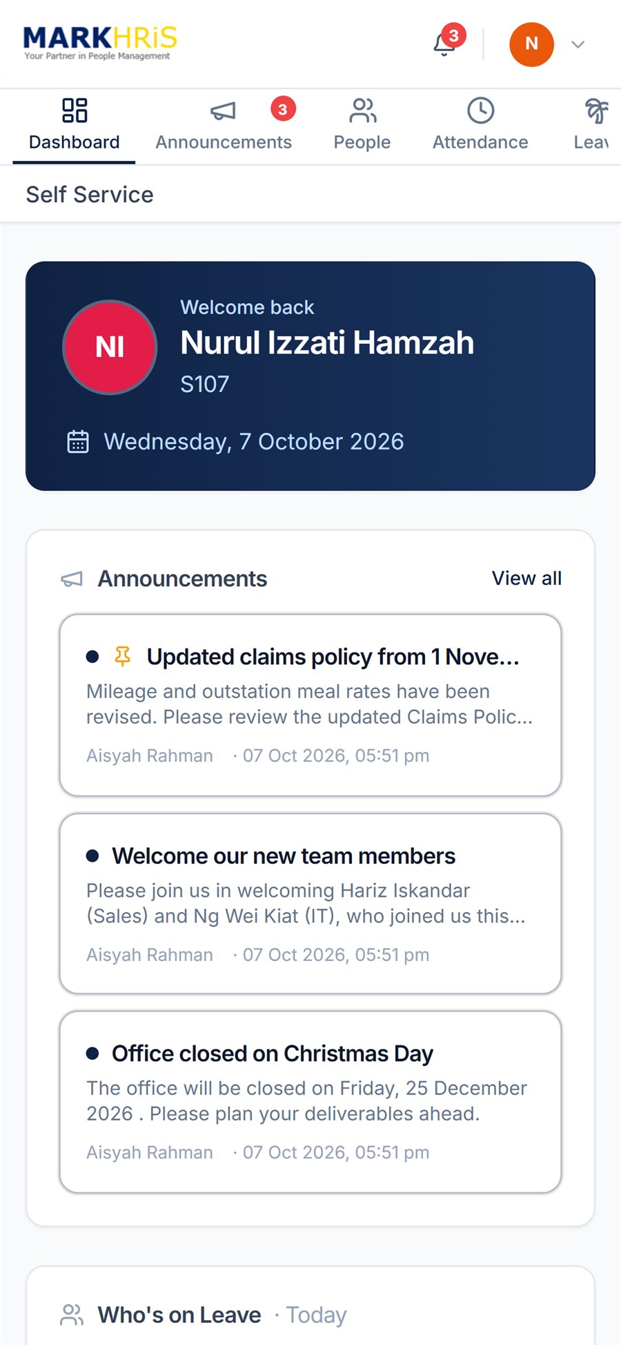 MARKHRiS HRMS employee self-service home screen on a phone