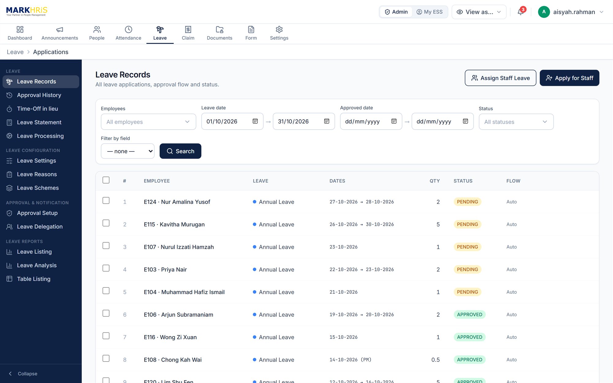 Leave Records with pending and approved applications in MARKHRiS HRMS